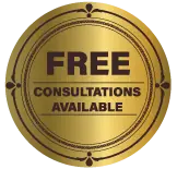 A gold circle with the words `` free consultations available '' on it.
